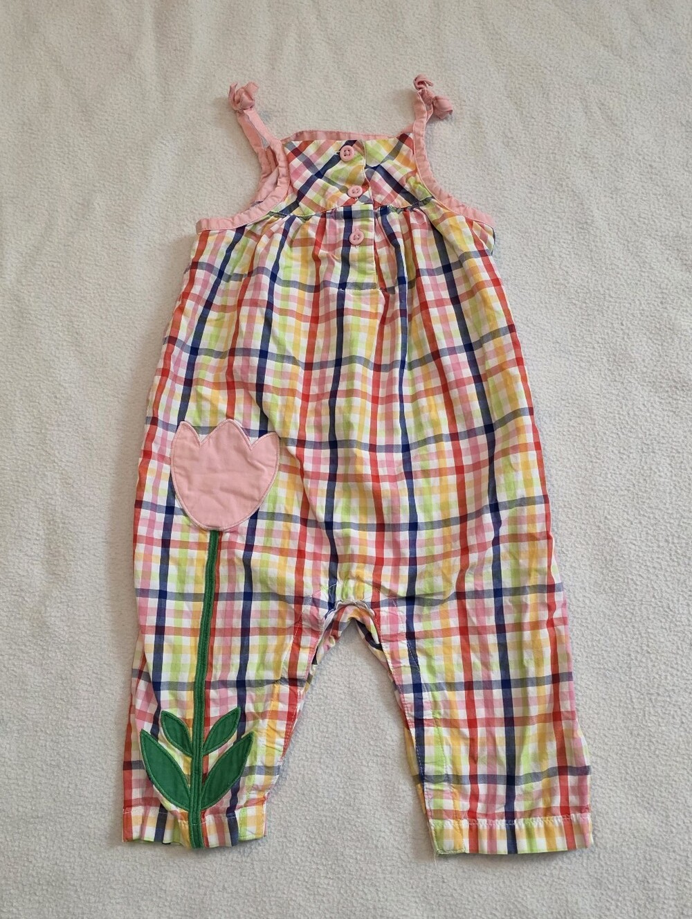 Hanna Andersson 12-18 Or 75 Pink Multi-Color Plaid Tulip Appliqué Romper Rainbow